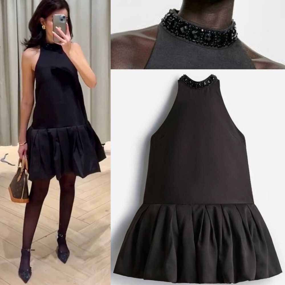 H&M Black Mini Dress with Beaded Neckline